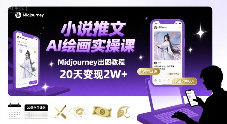 小说推文干货分享之AI绘画MJ出图实操课，用Midjourney做小说推文，20天挣2w-锦宝资源站