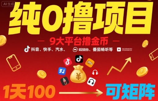 纯0撸项目，9大平台撸金币，抖音，快手，汽水，番茄畅听等，1天100，可矩阵-锦宝资源站