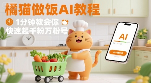 有趣的橘猫买菜做饭视频，用AI一键搞定，1分钟教会你，快速起千粉万粉号-锦宝资源站