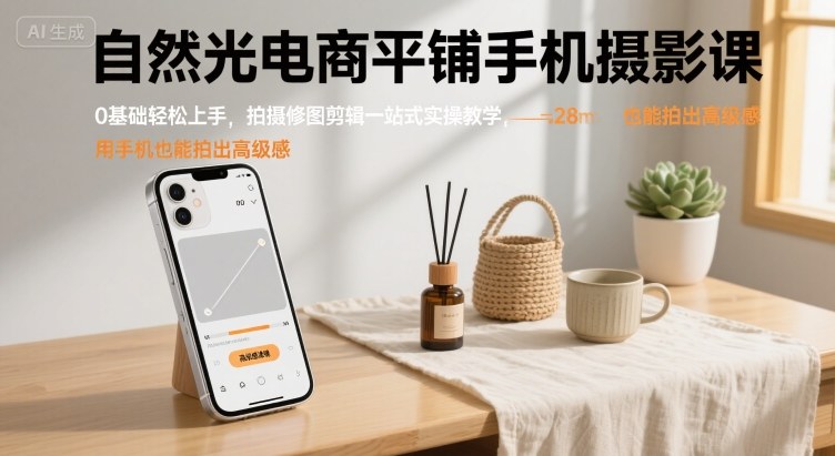 自然光电商平铺手机摄影课，0基础轻松上手，拍摄修图剪辑一站式实操教学，用手机也能拍出高级感-锦宝资源站