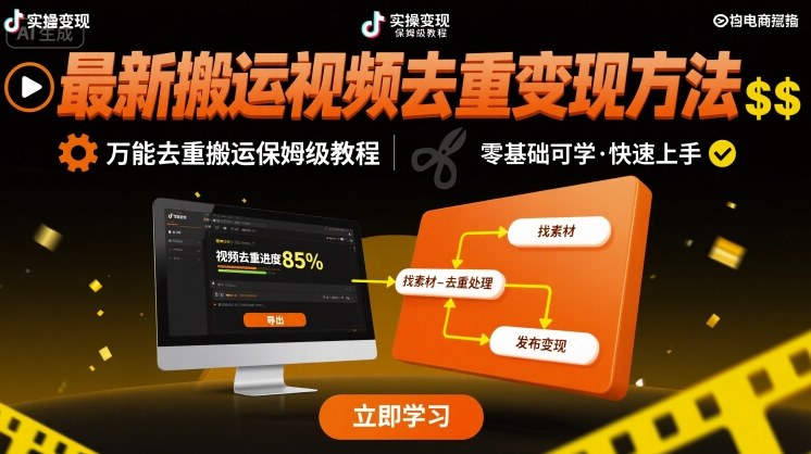 最新搬运视频去重变现方法，万能去重搬运保姆级教程-锦宝资源站