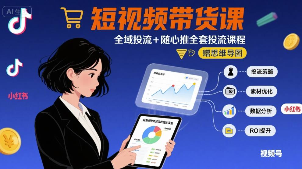 最新短视频带货课，全域投流+随心推全套投流课程+思维导图-锦宝资源站