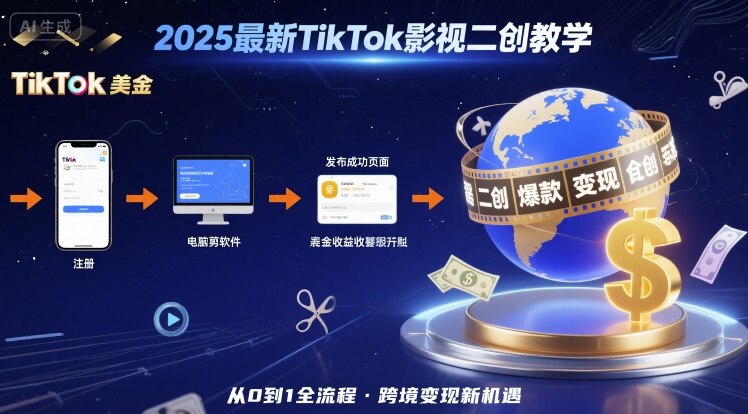 2025年最新TikTok影视二创教学，从注册到发布撸美金全流程，跨境变现新机遇-锦宝资源站