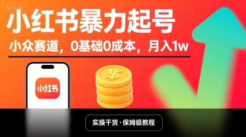 小红书暴力起号，小众赛道，0基础0成本，月入1w-锦宝资源站