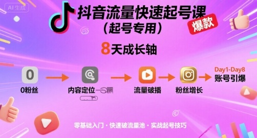 抖音流量快速起号课（起号专用），8天带你做爆自己的账号-锦宝资源站