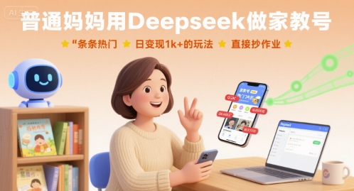 普通妈妈用Deepseek做家教号，条条热门，日变现1k+的玩法，直接抄作业-锦宝资源站