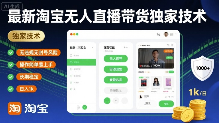 最新淘宝无人直播带货独家技术，无违规无封号风险，操作简单易上手，长期稳定日入1k【揭秘】-锦宝资源站