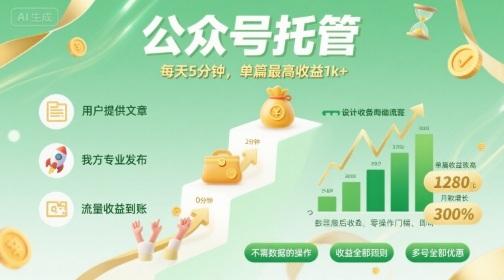 【公众号托管 】我提供文章，你发布，每天5分钟，单篇最高收益1k+【揭秘】-锦宝资源站