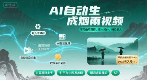 不用拍不用剪！AI自动生成烟雨视频，日入5张+，睡后收入-锦宝资源站