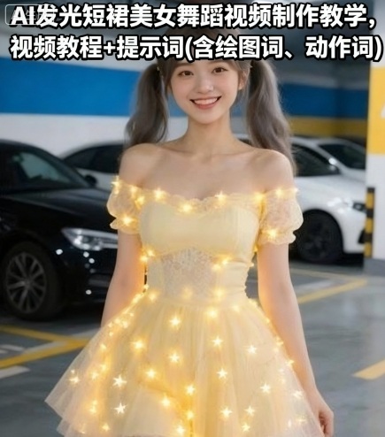 AI发光短裙美女舞蹈视频制作教学，视频教程+提示词(含绘图词、动作词)-锦宝资源站