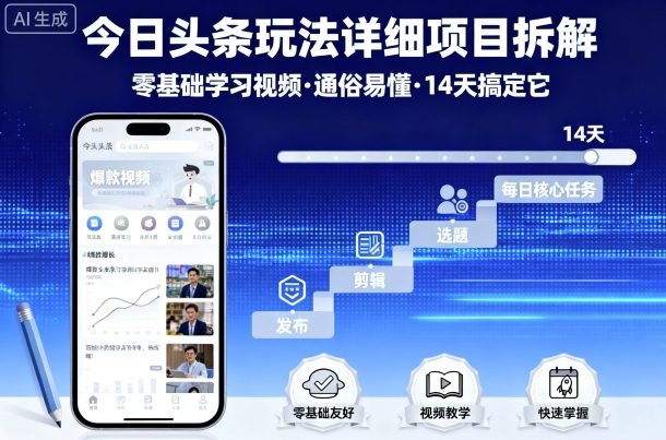 今日头条玩法详细项目拆解，零基础学习视频 通俗易懂 14天搞定它-锦宝资源站