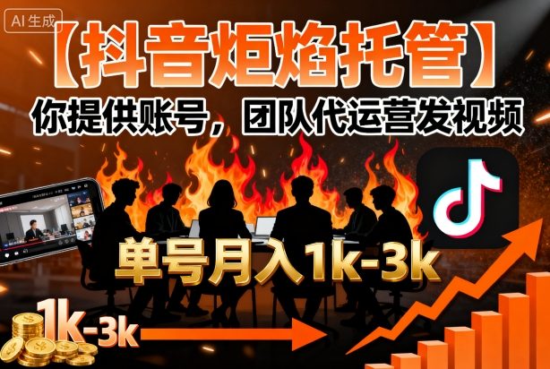 【抖音炬焰托管】你提供账号，团队代运营发视频，单号月入1k+【揭秘】-锦宝资源站