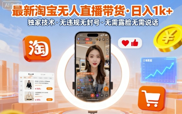 最新淘宝无人直播带货，日入1k+，独家技术，无违规无封号，无需露脸无需说话【揭秘】-锦宝资源站