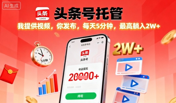 【头条号托管】我提供视频，你发布，每天5分钟，最高躺入2W+【揭秘】-锦宝资源站