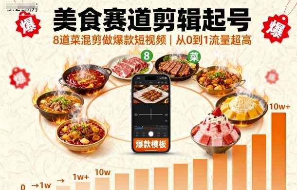 美食赛道剪辑起号，8道菜混剪做爆款短视频，从0到1，流量超高-锦宝资源站