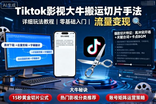 Tiktok影视大牛搬运切片手法，详细玩法教程-锦宝资源站