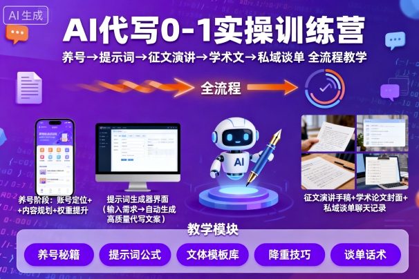 AI代写0-1实操训练营，从养号、提示词、征文演讲、学术文，到私域谈单的全流程教学-锦宝资源站