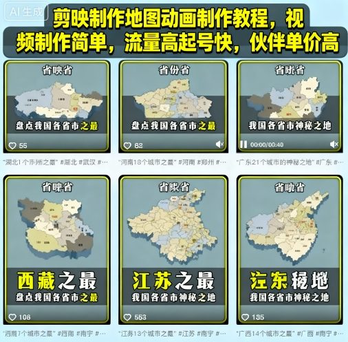 剪映制作地图动画制作教程，视频制作简单，流量高起号快，伙伴单价高-锦宝资源站