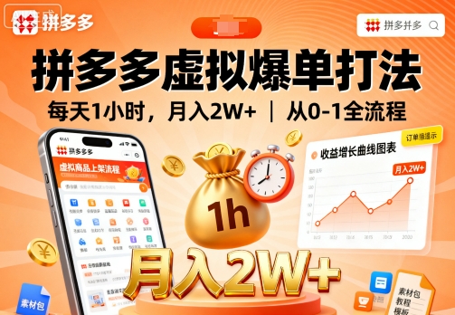 拼多多虚拟爆单打法，每天1小时，月入2W+，从0-1全流程-锦宝资源站