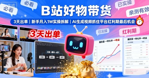 B站好物带货，3天出单，新手月入1W实操拆解，AI生成视频，抓住平台红利期最后机会-锦宝资源站
