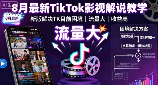 8月最新TikTok影视解说教学，新版解决TK目前困境，流量大，收益高-锦宝资源站