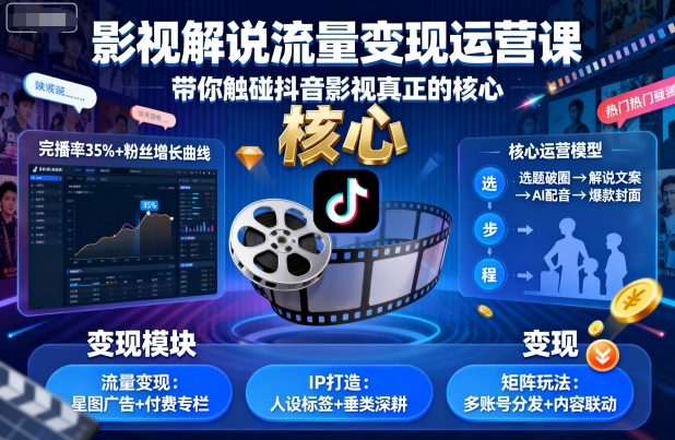 影视解说流量变现运营课，带你触碰抖音影视真正的核心-锦宝资源站