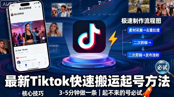 最新Tiktok快速搬运快速起号方法，3-5分钟做一条，起不来的号可以试试-锦宝资源站