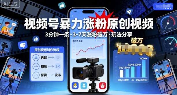 视频号暴力涨粉原创视频，3分钟一条原创视频，3-7天涨粉破万，玩法分享给你-锦宝资源站