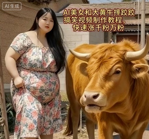 AI美女和大黄牛摔跤搞笑荒诞视频制作教程，快速涨千粉万粉-锦宝资源站