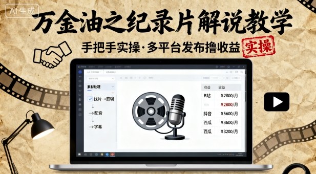 万金油之纪录片解说教学，手把手教你，完全实操，多平台发布撸收益-锦宝资源站