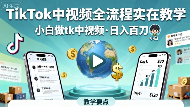 TikTok中视频全流程实操教学，小白做tk中视频，日入百刀-锦宝资源站