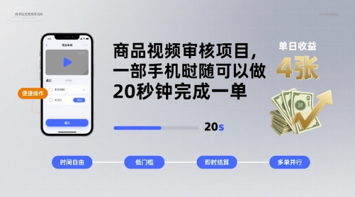 商品视频审核项目，一部手机随时随地都可以做，20秒钟完成一单，单日收益 4张【揭秘】-锦宝资源站