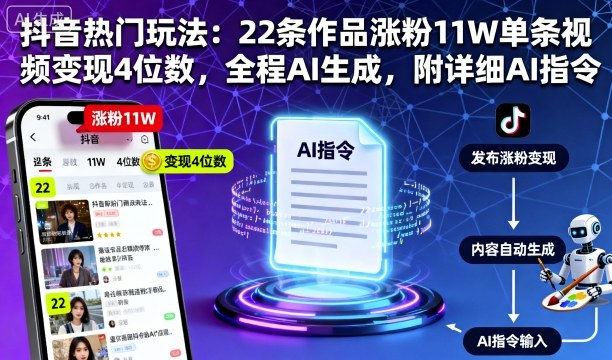 抖音热门玩法：22条作品涨粉11W单条视频变现4位数，全程AI生成，附详细AI指令-锦宝资源站