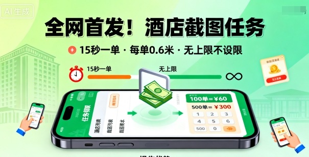 全网首发！酒店截图任务，15秒一单，每单0.6米，任务无上限不设限，矩阵操作单日3张到手【揭秘】-锦宝资源站