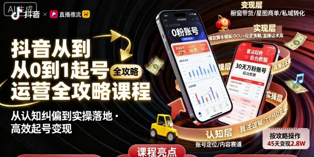 抖音从0到1起号运营全攻略课程，从认知纠偏到实操落地，高效起号变现-锦宝资源站