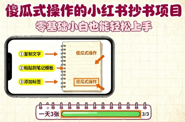 傻瓜式操作的小红书抄书项目，会复制粘贴就行，零基础小白也能一天3张-锦宝资源站